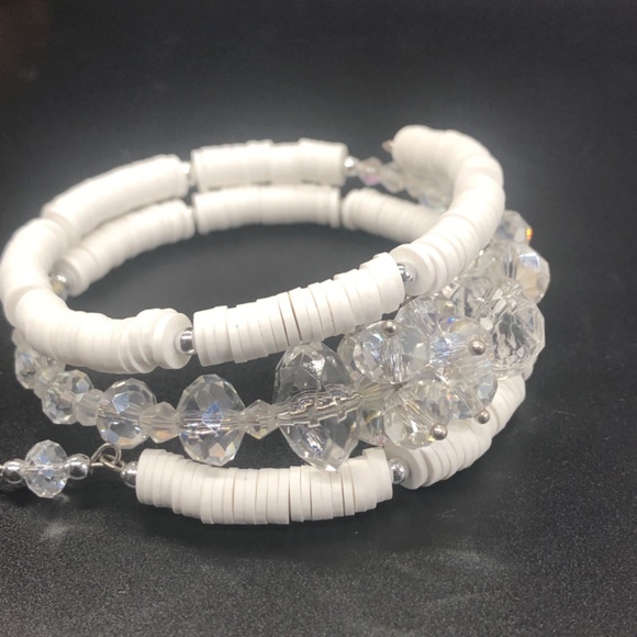 Hand Crafted Multi Clay Beads & Clear Crystals Coil Memory Wire Strand Bracelet - Picture 11 of 14